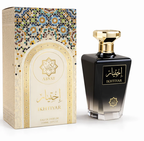 Abyat Ikhtiyar Eau de Parfum frasco negro dorado con caja