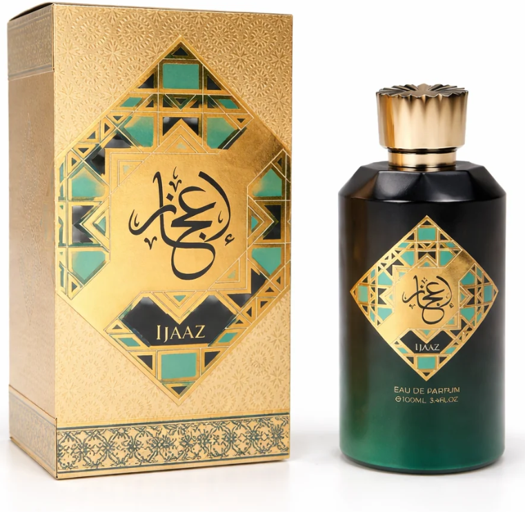 Abyat Ijaaz Eau de Parfum frasco verde dorado con caja fondo blanco