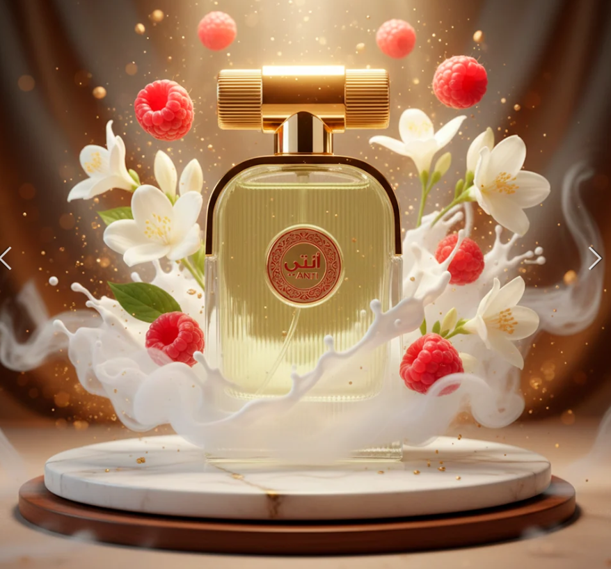 Arabiyat Anti Eau de Parfum frasco dorado con frambuesas y flores blancas