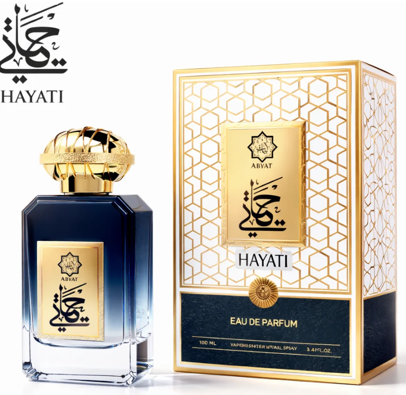 Abyat Hayati Eau de Parfum frasco azul dorado con caja fondo blanco