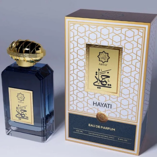 Abyat Hayati Eau de Parfum frasco azul dorado con caja fondo gris