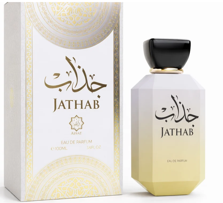 Abyat Jathab Eau de Parfum frasco blanco con tapa negra y caja blanca dorada