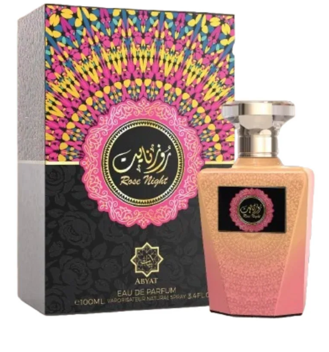Abyat Rose Night Eau de Parfum frasco rosa con caja multicolor
