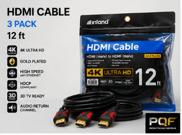 Inland 4K Ultra HD HDMI Cable 12 ft 3-Pack High Speed HDMI to HDMI Gold Plated