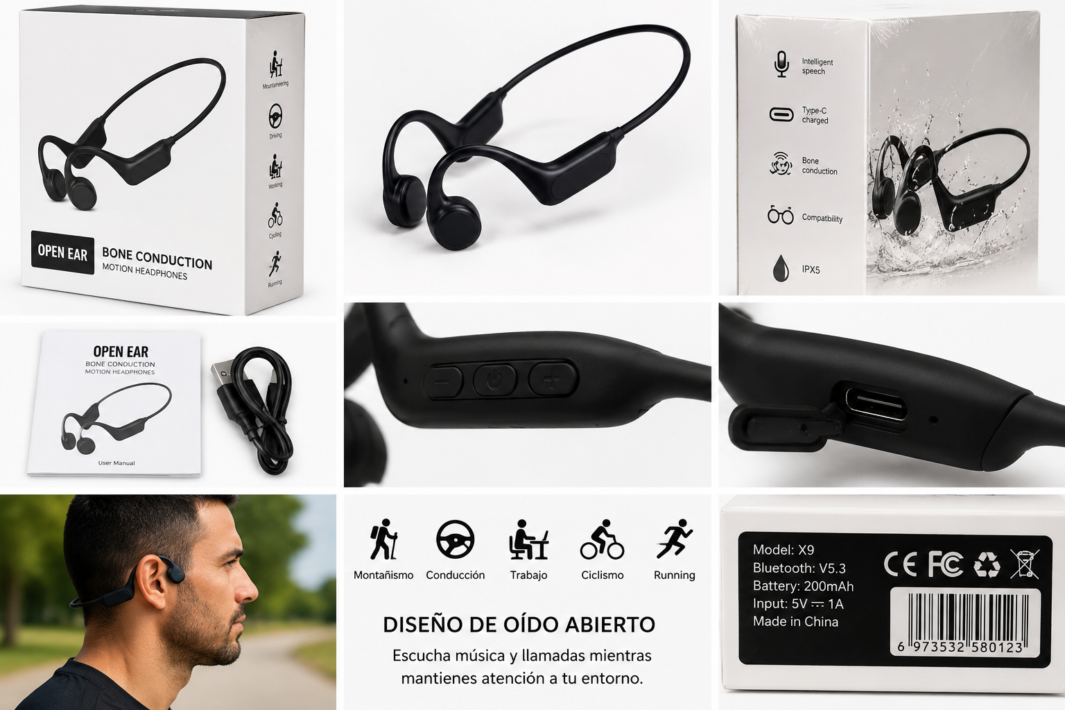 Audífonos deportivos de oído abierto Bluetooth 6.0, carga magnética, batería de hasta 10 horas e IPX5