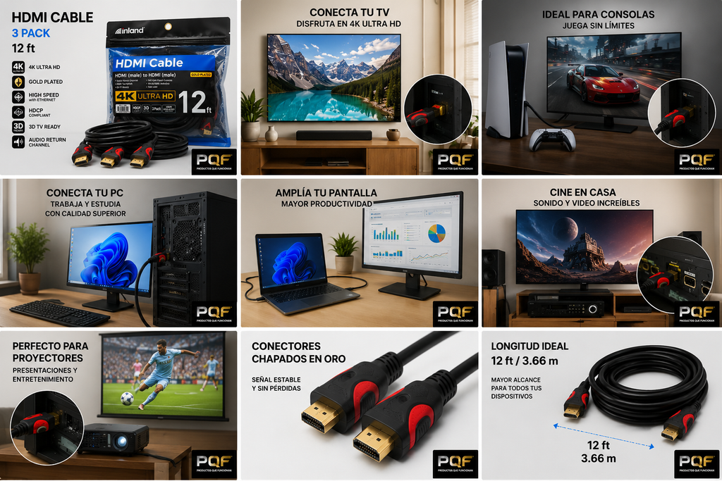 Inland 4K Ultra HD HDMI Cable 12 ft 3-Pack High Speed HDMI to HDMI Gold Plated