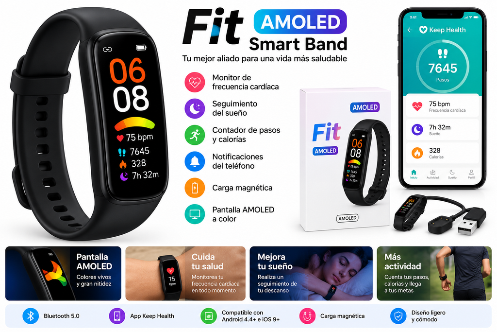 Fit AMOLED Smart Band – Pantalla AMOLED, Monitor de Frecuencia Cardíaca, Sueño y Actividad Física
