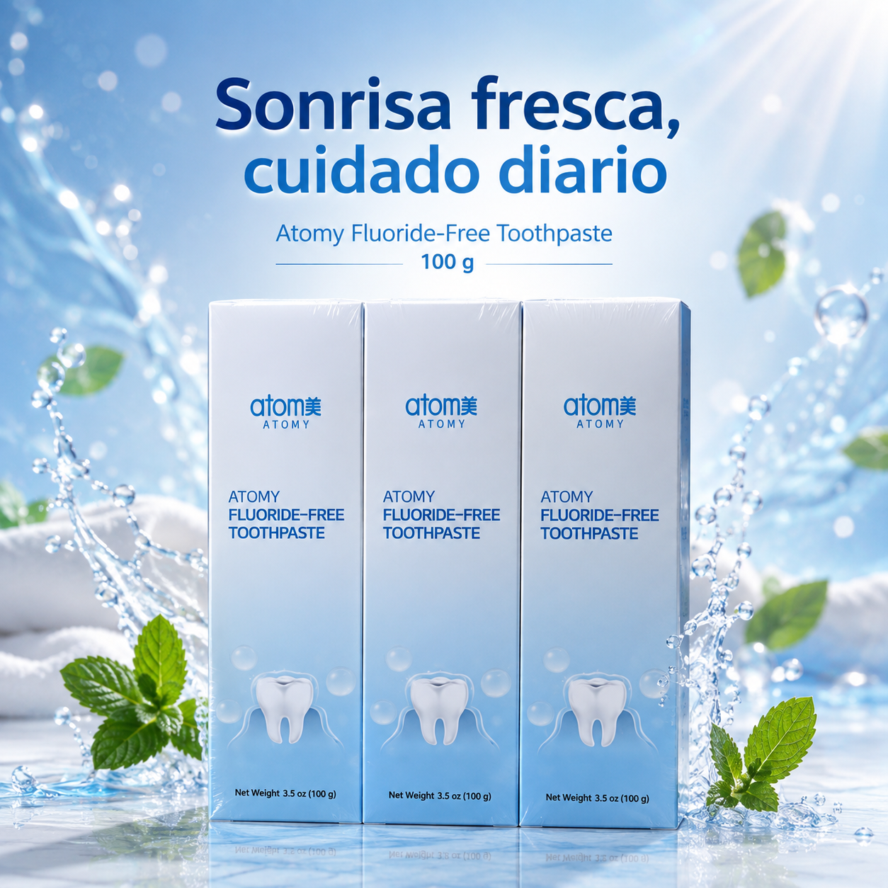 Atomy Fluoride-Free Toothpaste set de 3 con texto Sonrisa fresca cuidado diario