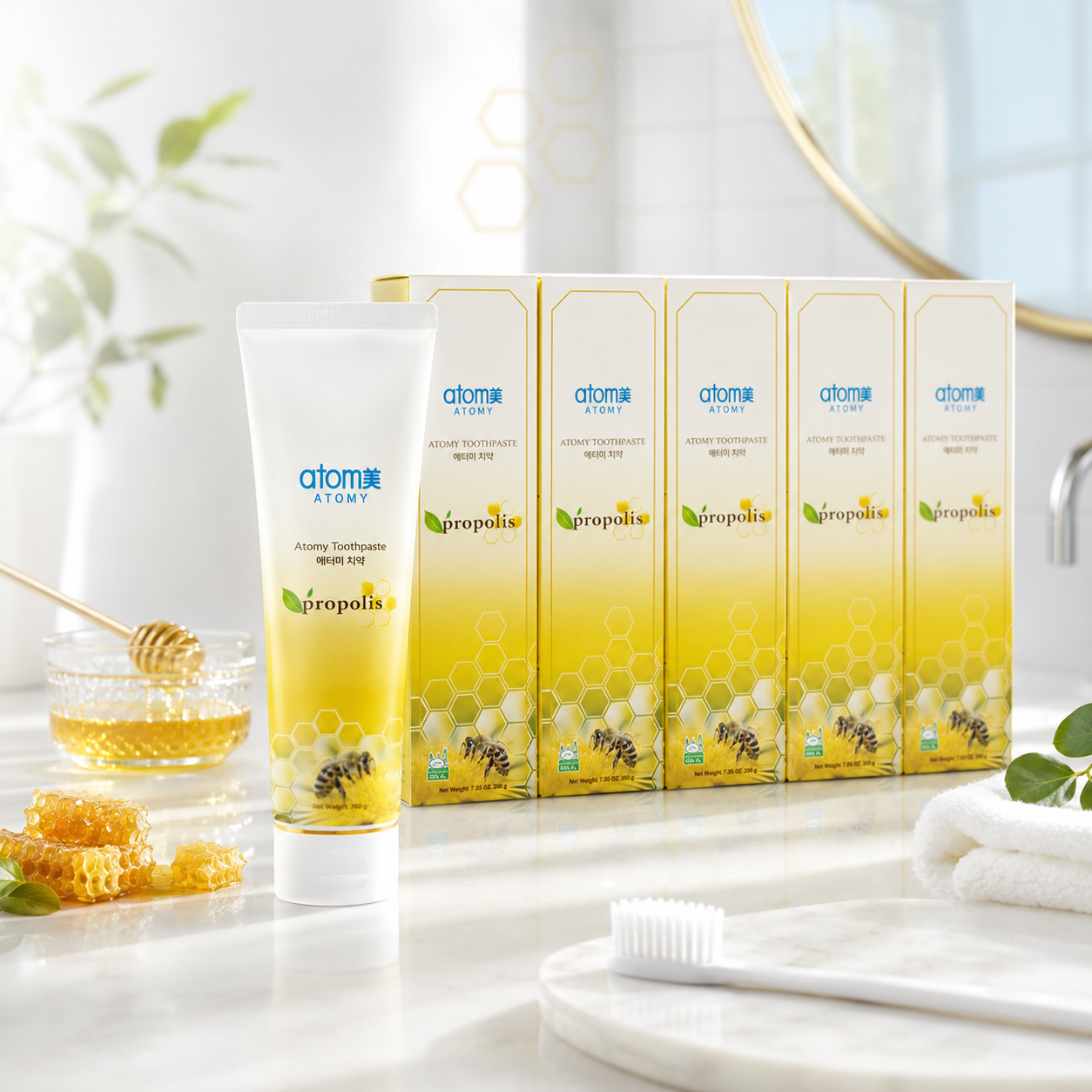 Atomy Propolis Toothpaste set de 5 con miel y panal decorativo