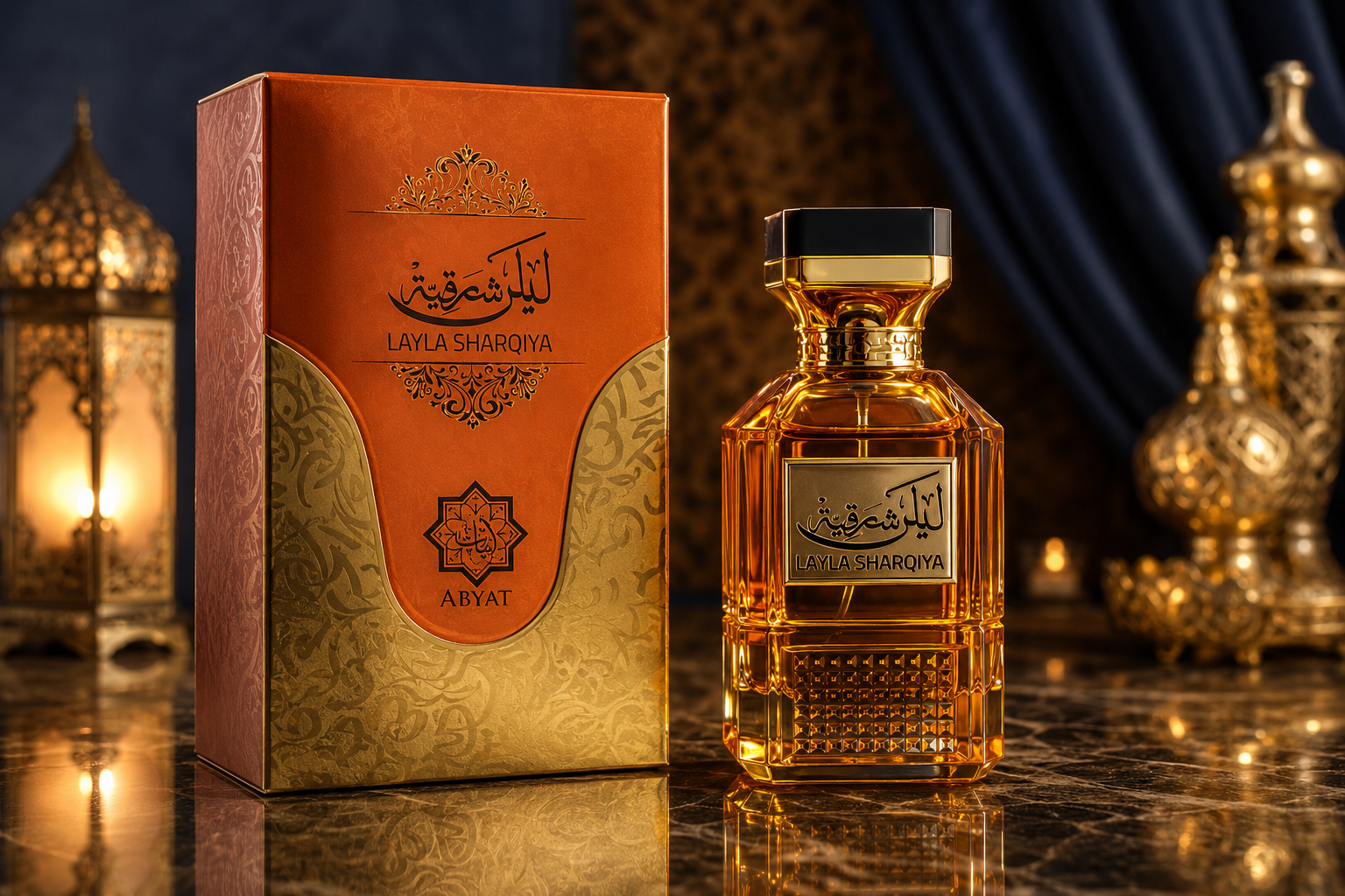 Abyat Layla Sharqiya Eau de Parfum frasco ámbar dorado con caja naranja dorada y linternas árabes