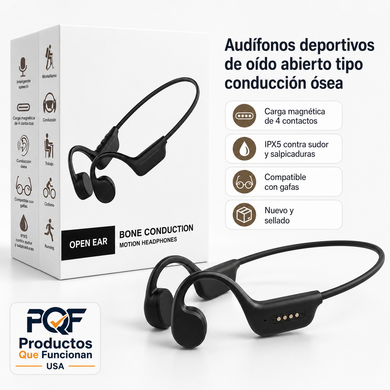 Audífonos deportivos de oído abierto Bluetooth 6.0, carga magnética, batería de hasta 10 horas e IPX5
