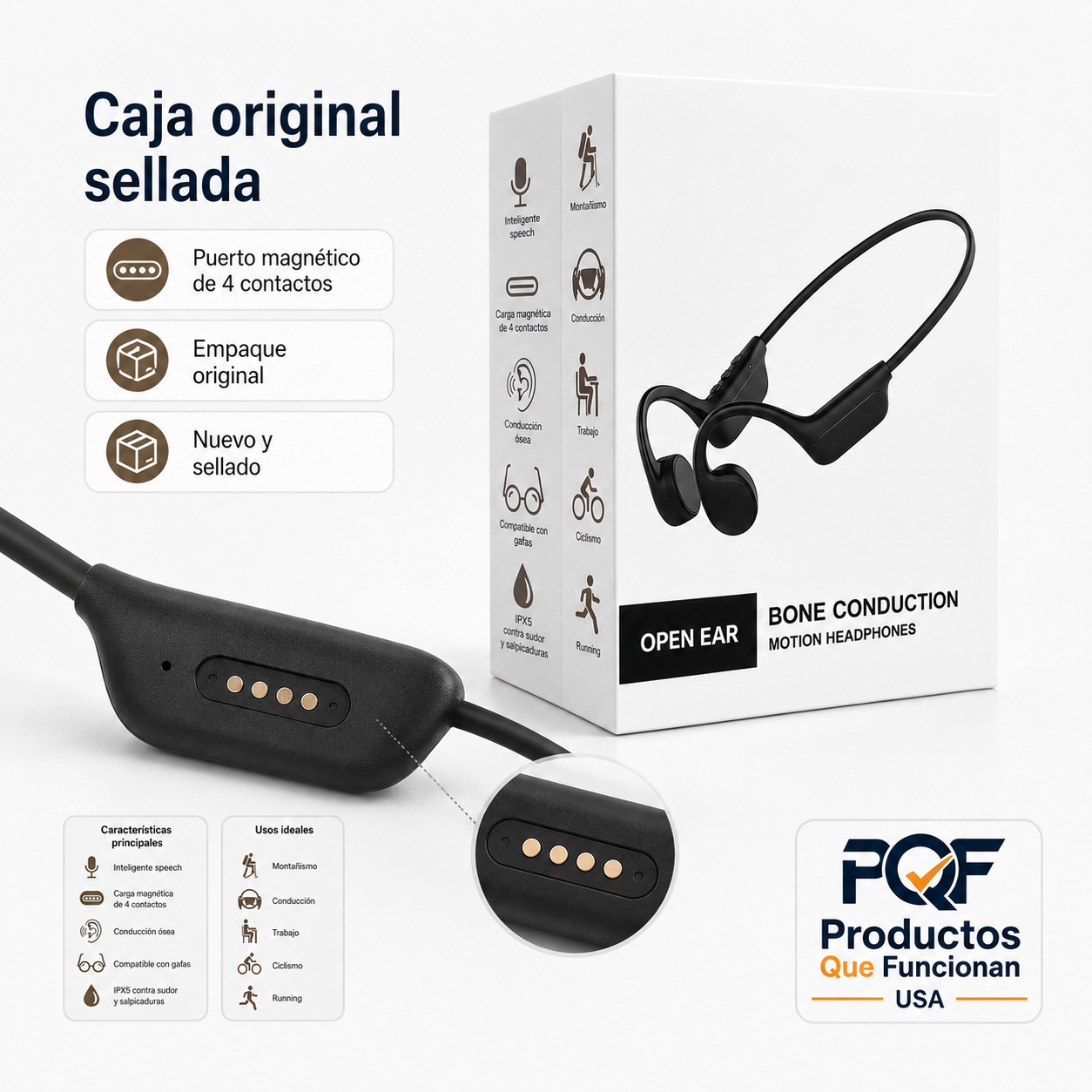 Audífonos deportivos de oído abierto Bluetooth 6.0, carga magnética, batería de hasta 10 horas e IPX5