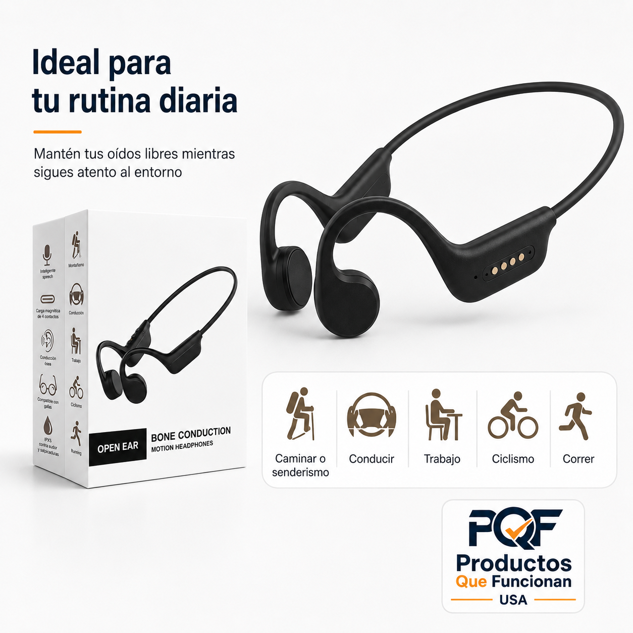 Audífonos deportivos de oído abierto Bluetooth 6.0, carga magnética, batería de hasta 10 horas e IPX5