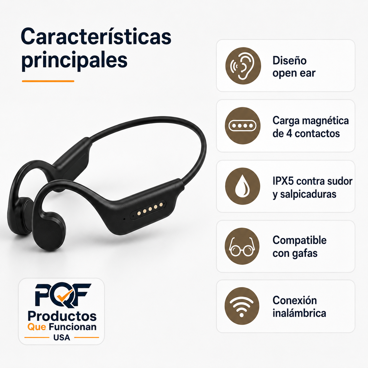 Audífonos deportivos de oído abierto Bluetooth 6.0, carga magnética, batería de hasta 10 horas e IPX5