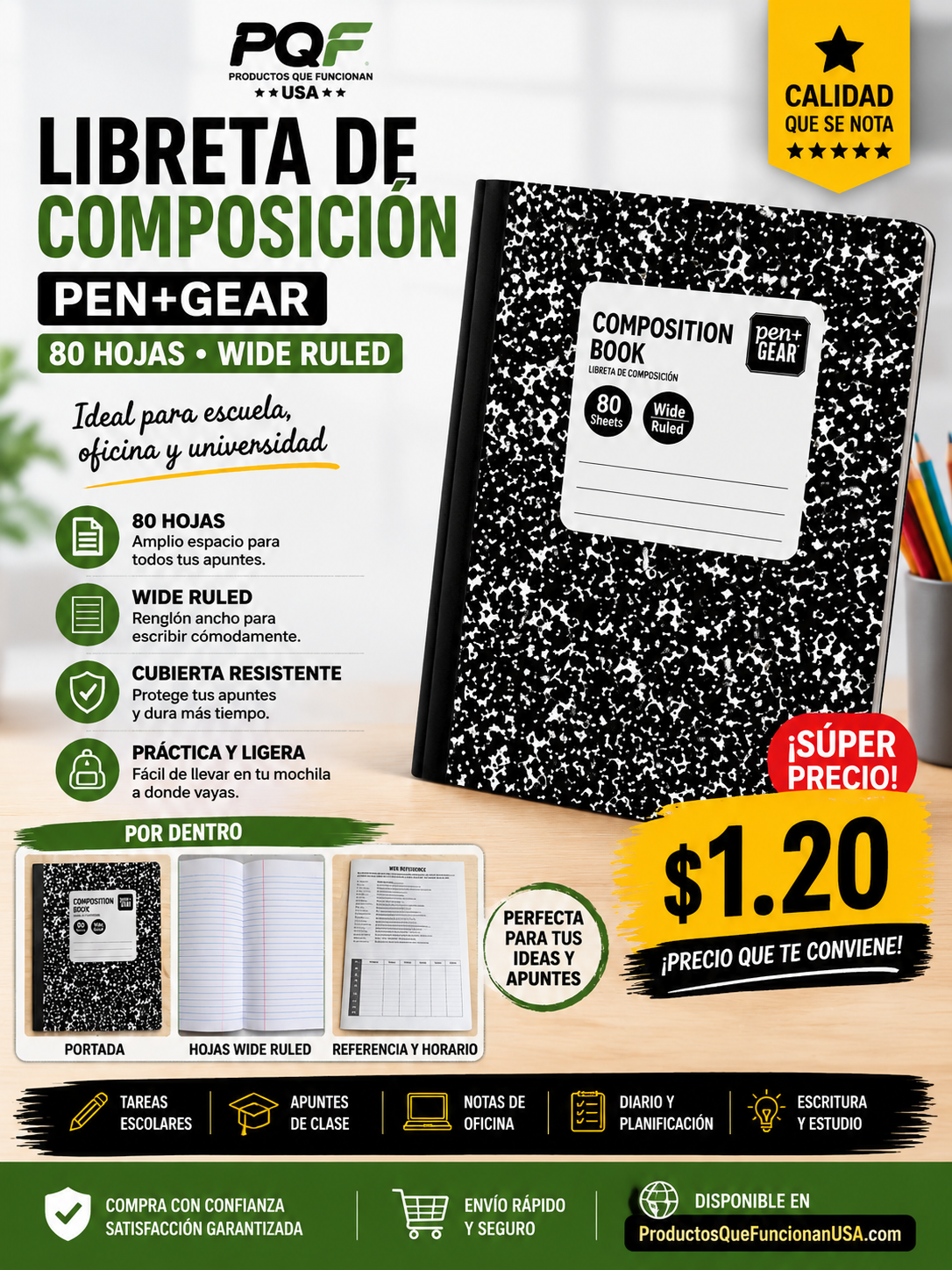 Pen+Gear Composition Book – Composition Notebook, 80 Sheets, Wide Ruled, Durable Cover