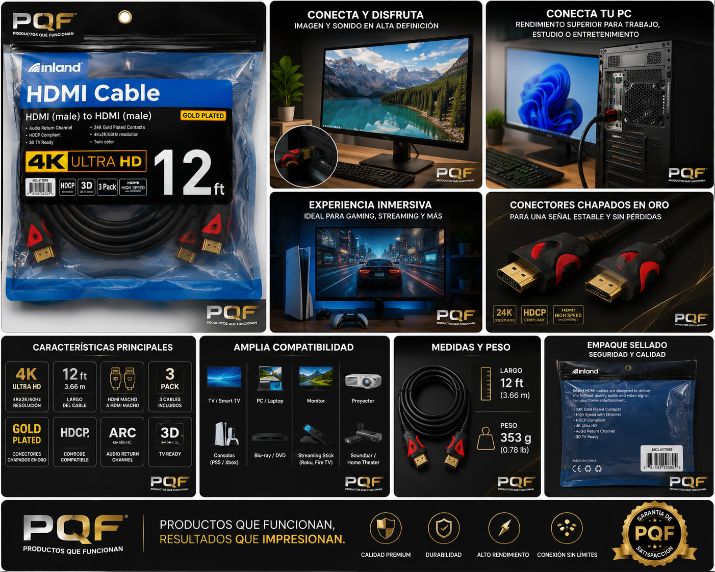 Inland 4K Ultra HD HDMI Cable 12 ft 3-Pack High Speed HDMI to HDMI Gold Plated