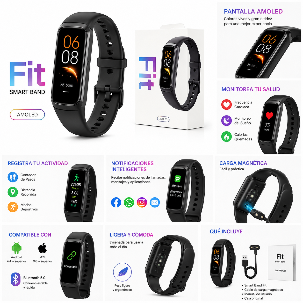 Fit AMOLED Smart Band – Pantalla AMOLED, Monitor de Frecuencia Cardíaca, Sueño y Actividad Física