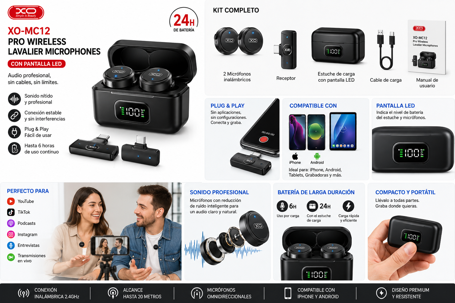 XO MC12 Pro Wireless Lavalier Microphones con Pantalla LED – Compatible con iPhone y Android